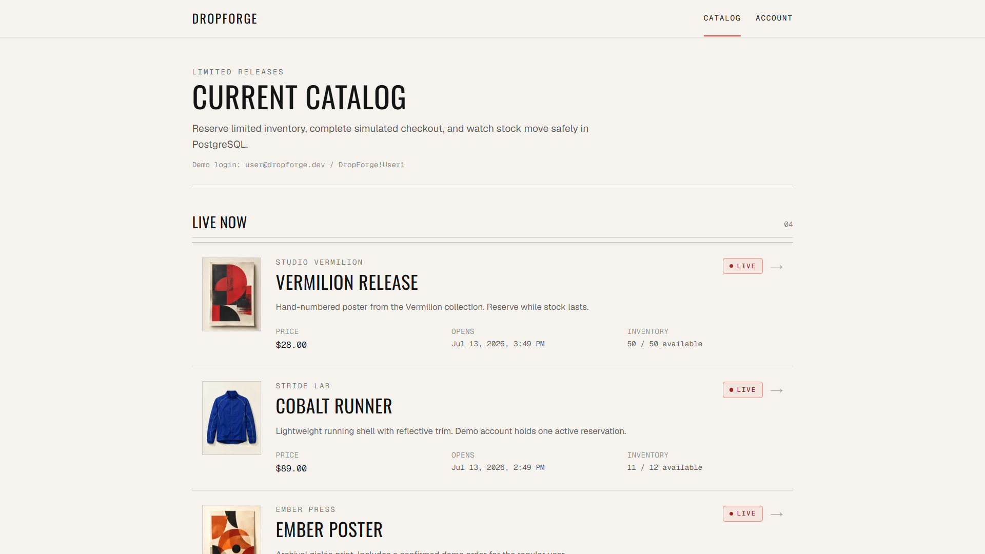 DropForge catalog showing limited-release products with live, upcoming, sold-out, and ended inventory states